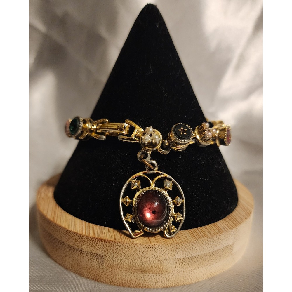 VTG Art Pepper  Gold Tone Horseshoe Charm Bracelet Faux Pearl Cabochon READ - Picture 2 of 11